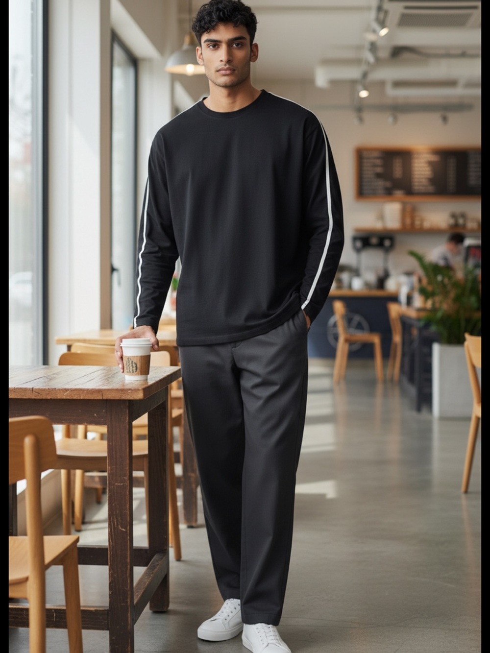 MBX Navy Blue Crewneck LS Tee with White Sleeve Stripes